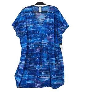 Lauren Ralph Lauren Blue Abstract Wave Mesh Swim Cover-Up Dress 2X LR80D53W NEW